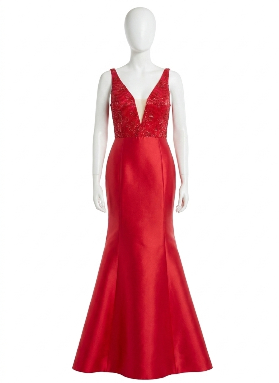 NEW RACHEL ALLAN deep v-neck mikado mermaid gown in red